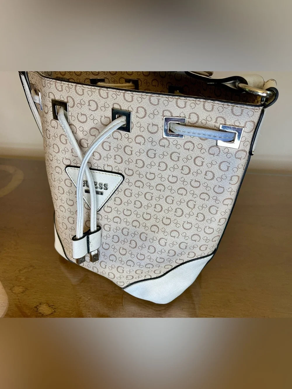 Guess Small Crossbody Bucket Bag, Monogram, Signature, Ivory, Coated, Adjustable